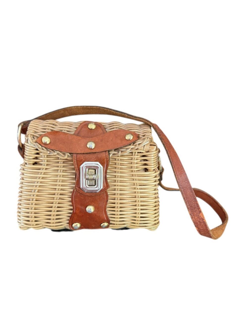 Vintage Wicker Purse Mini Summer Leather Strap Flip Top Twist Lock